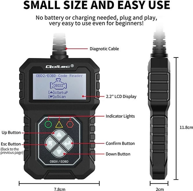 Tester diagnostikues Qoltec ProLine 50684, OBDII/EOBD, 8V-25V, i zi