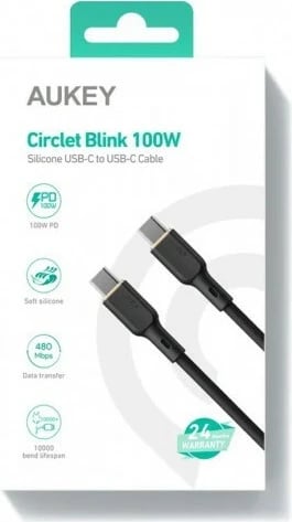 Kabllo USB-C në USB-C AUKEY CB-SCC102, 1.8m, 100W, Silikon, E zezë