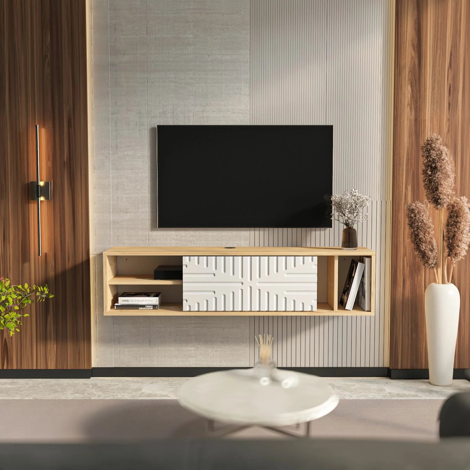 Komodë TV Skye Decor, e varur, ngjyrë lis safir dhe e bardhë