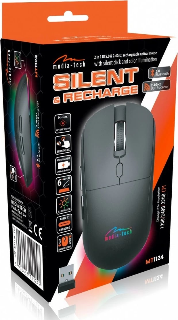 Maus pa kabllo Media-Tech MT1124 2-në-1 BT 5.0/RF 2.4GHz 1200-3200 DPI USB-C i rikarikueshëm ndriçim RGB, e zezë