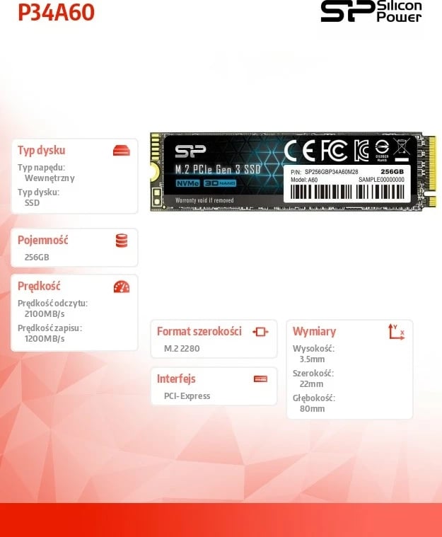 SSD Silicon Power P34A60, 256GB, M.2 2280, PCIe NVMe, i zi