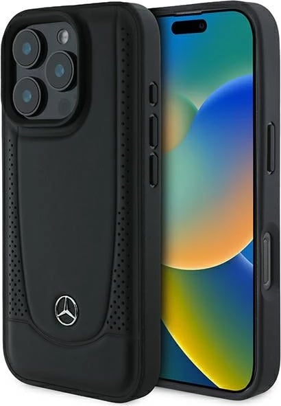 Mbështjellës Mercedes për iPhone 16 Pro Max, lëkurë, i zi