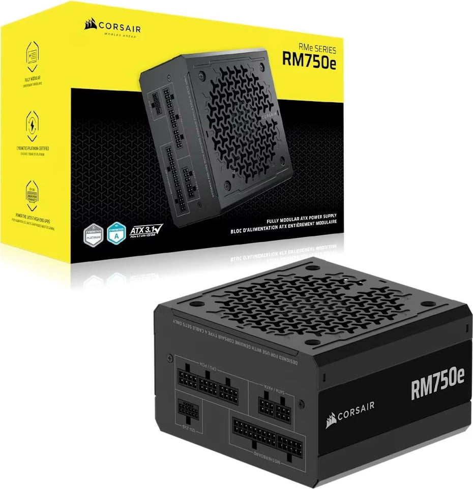 Kasë energjie Corsair RM750e, 750 W, plotësisht modulare, 80 PLUS Gold, ATX 3.1, e zezë