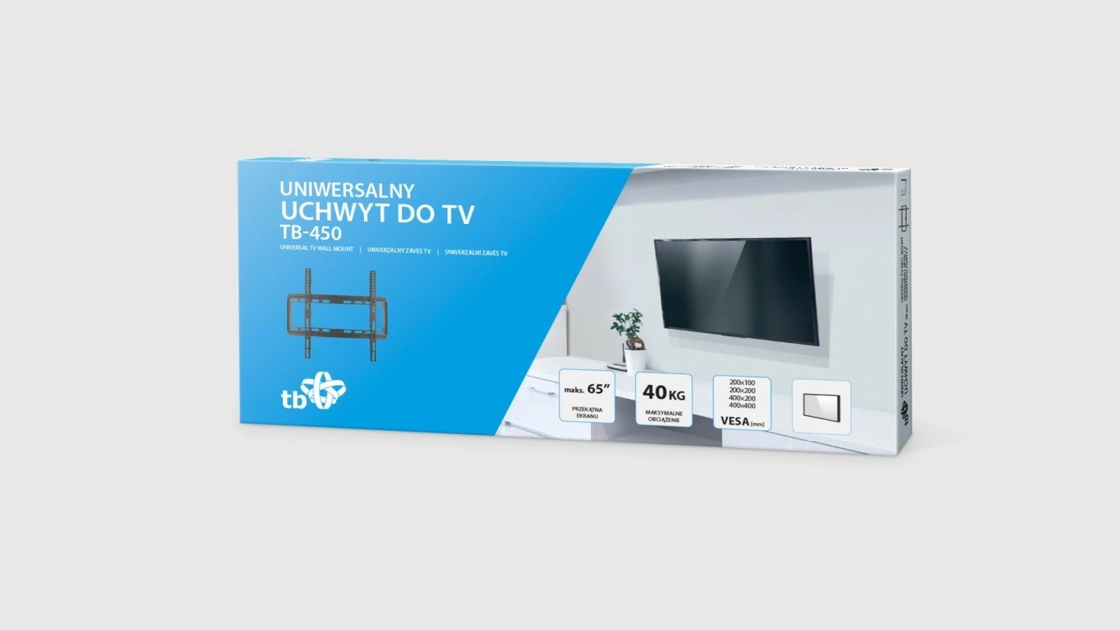 Mbajtëse muri për TV TB TB-450, deri 65 inç, 40kg, VESA 400x400, e zezë