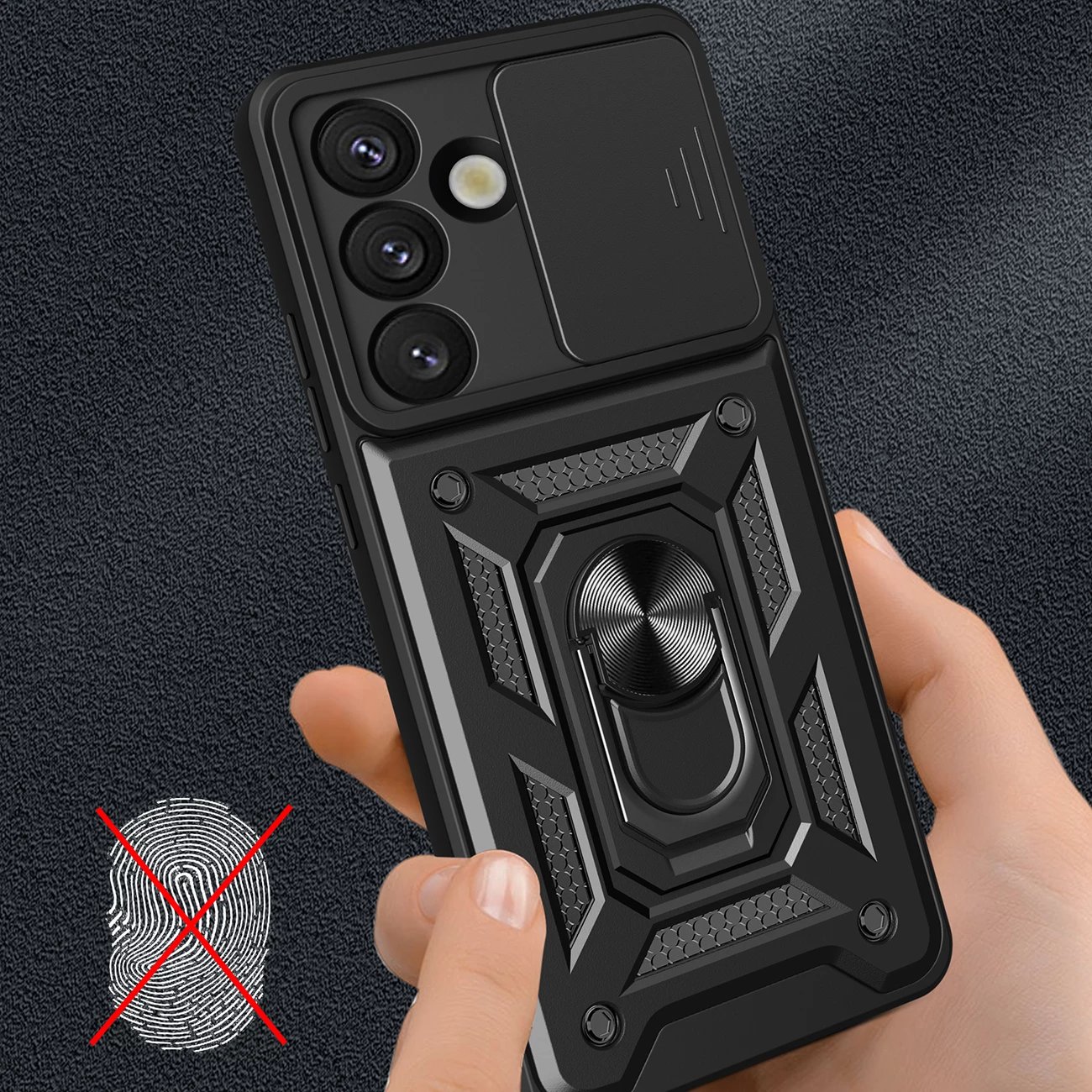 Mbështjellës Hurtel Hybrid Armor Camshield për Samsung Galaxy M16 5G / F16 5G, me stand dhe kapak kamere, i zi