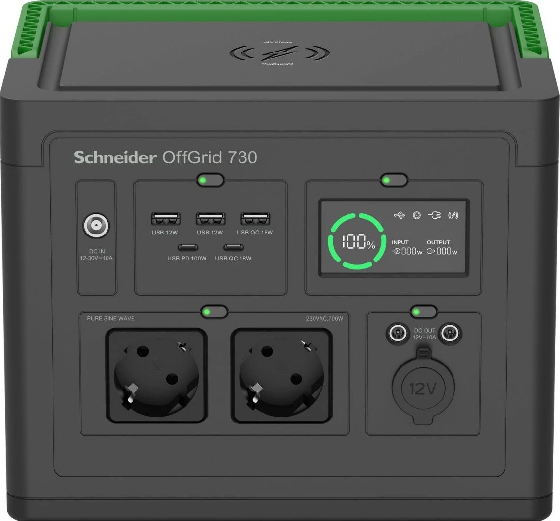 Stacion portativ energjie Schneider OffGrid PPS730-GR, 738 Wh, 2 Schuko, Litium-jon, Zi/Gjelbër