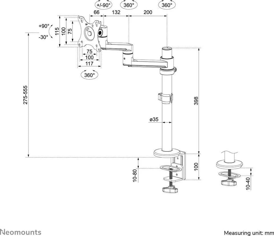 Krah monitori Neomounts DS60-425BL1, 17-27 inç, kapëse/gromet, 8 kg, e zezë