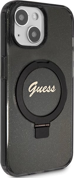 Mbështjellës Guess Ring Stand Script Glitter MagSafe për iPhone 15 Plus / 14 Plus, i zi