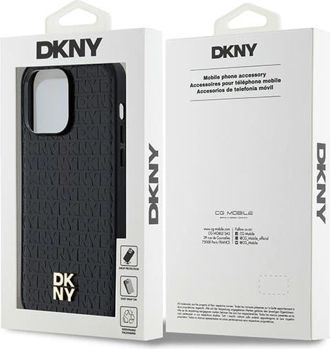 Mbështjellës DKNY Leather Monogram Pattern Metal Logo MagSafe për iPhone 14 Pro Max, Zi