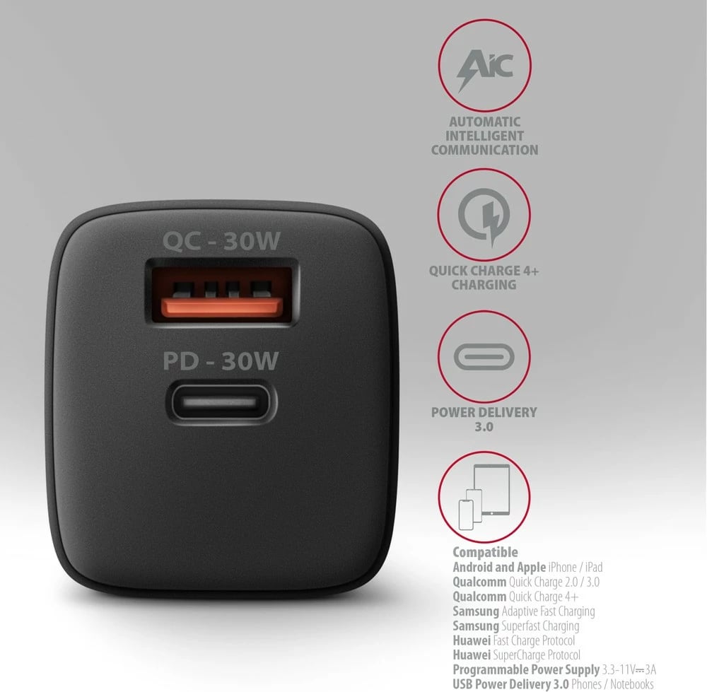 Mbushës muri AXAGON ACU-PQ30, 30W, 2 porta (USB-A QC3.0/4.0 + USB-C PD3.0), i zi