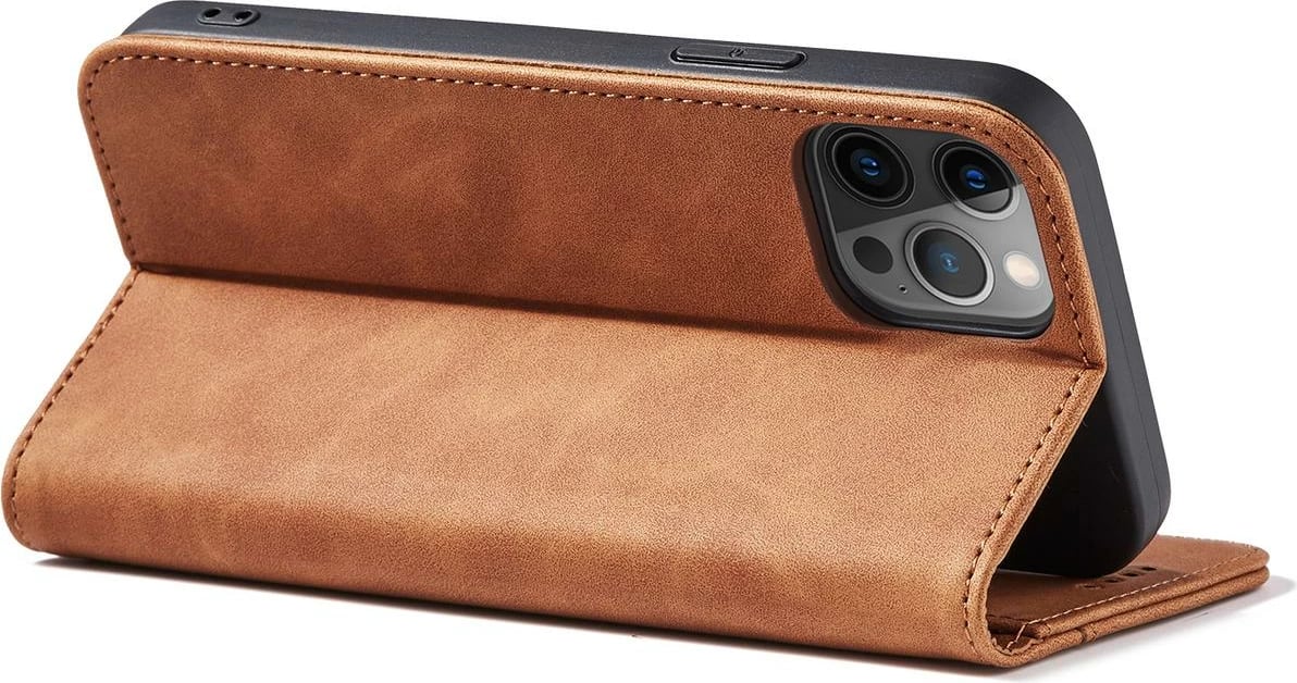 Mbështjellës Hurtel Magnet Fancy Case për iPhone 12 Pro Max, me portofol dhe mbajtëse, Kafe