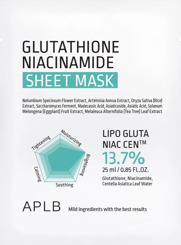 Maskë fletë për fytyrë për femra APLB Glutathione Niacinamide Brightening, 25ml