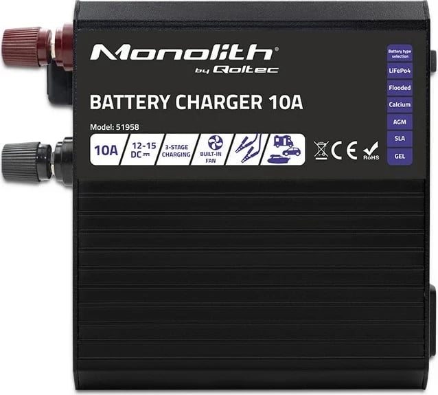 Karikues baterie Qoltec 51958 Smart Monolith për LiFePO4 AGM GEL SLA, 10A, 12V