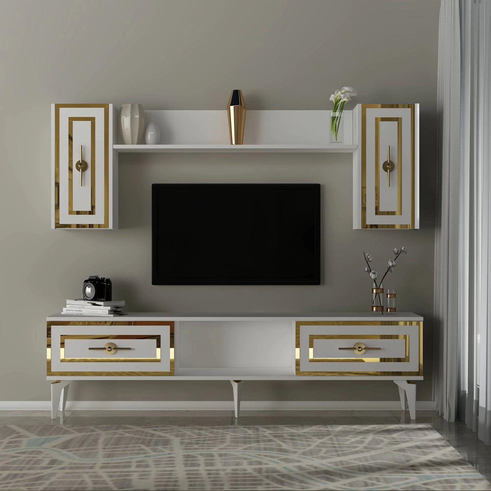 Komodë TV Skye Decor, e bardhë, me rafte dhe dollapë
