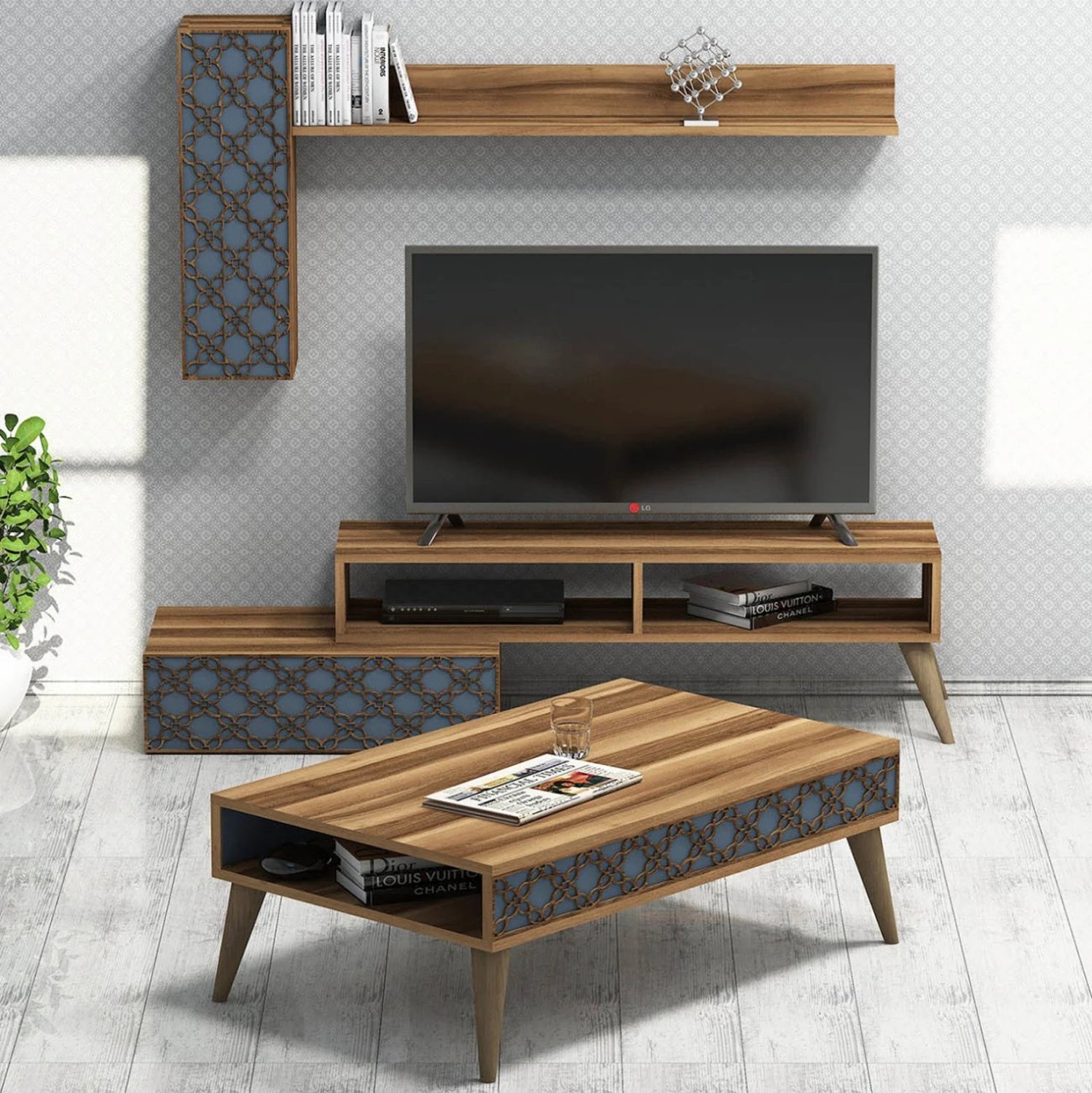 Kompozim dhome ndeje FH11850.04 2PCS melaminë në ngjyrë arre-blu
