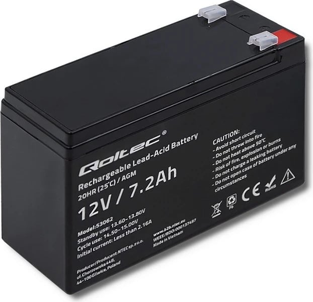 Bateri Qoltec AGM 53062 12V  7.2 Ah |max 108A