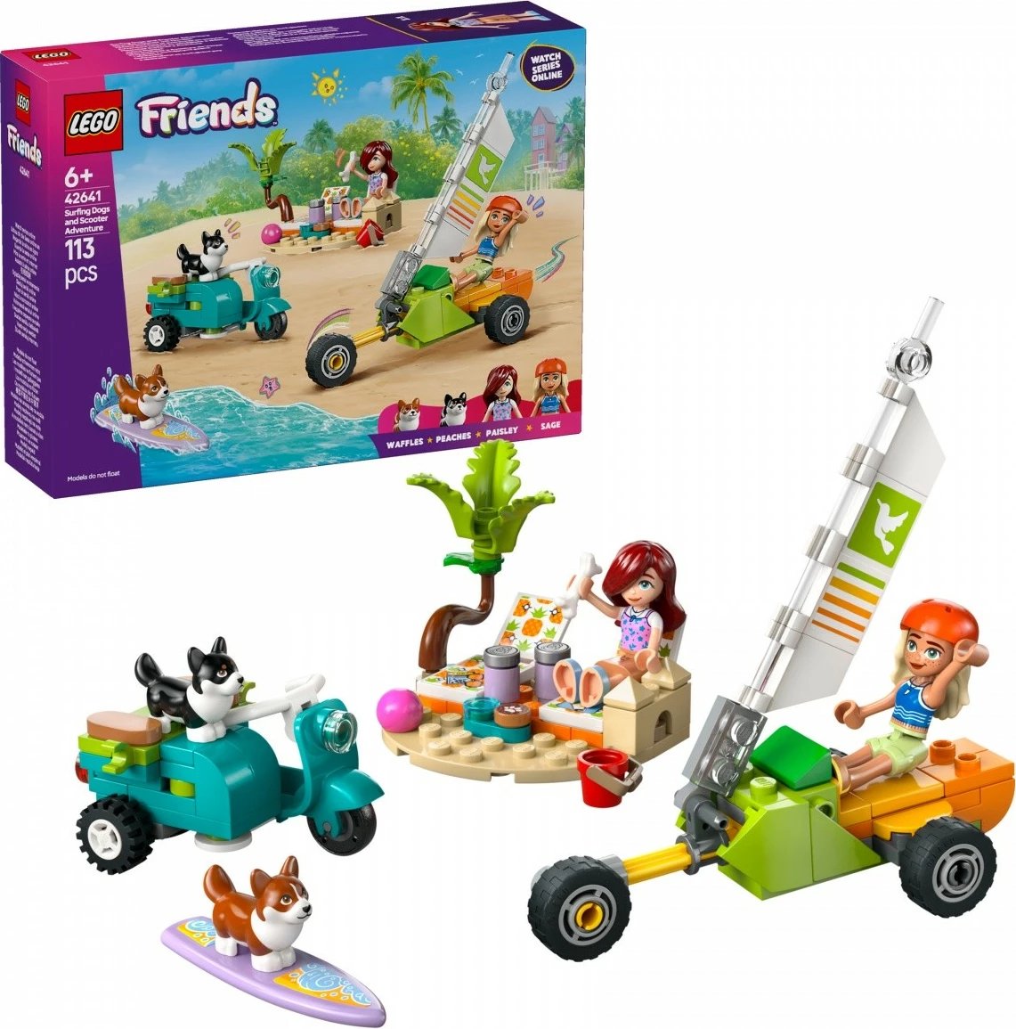 Set LEGO Friends 42641 Surfing Dogs and Scooter Adventure, 113 pjesë, plastikë