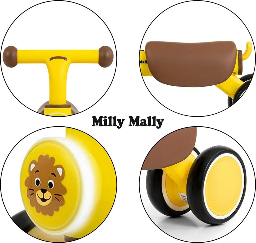 biçikletë pa pedale fëmijësh Milly Mally York 4 rrota LED dhe tinguj 12-36 muaj e verdhë
