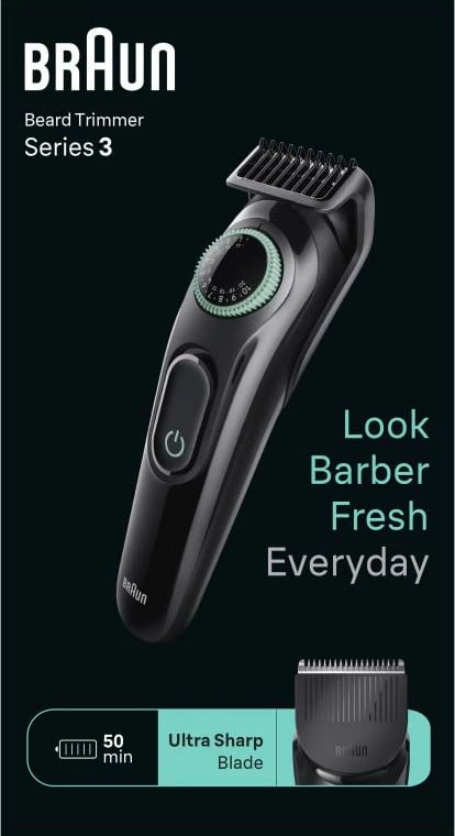 Makinë rroje Braun BT3421 trimmer mjekre me rrotë rregullimi, tehe çeliku, pa kabllo, e zezë