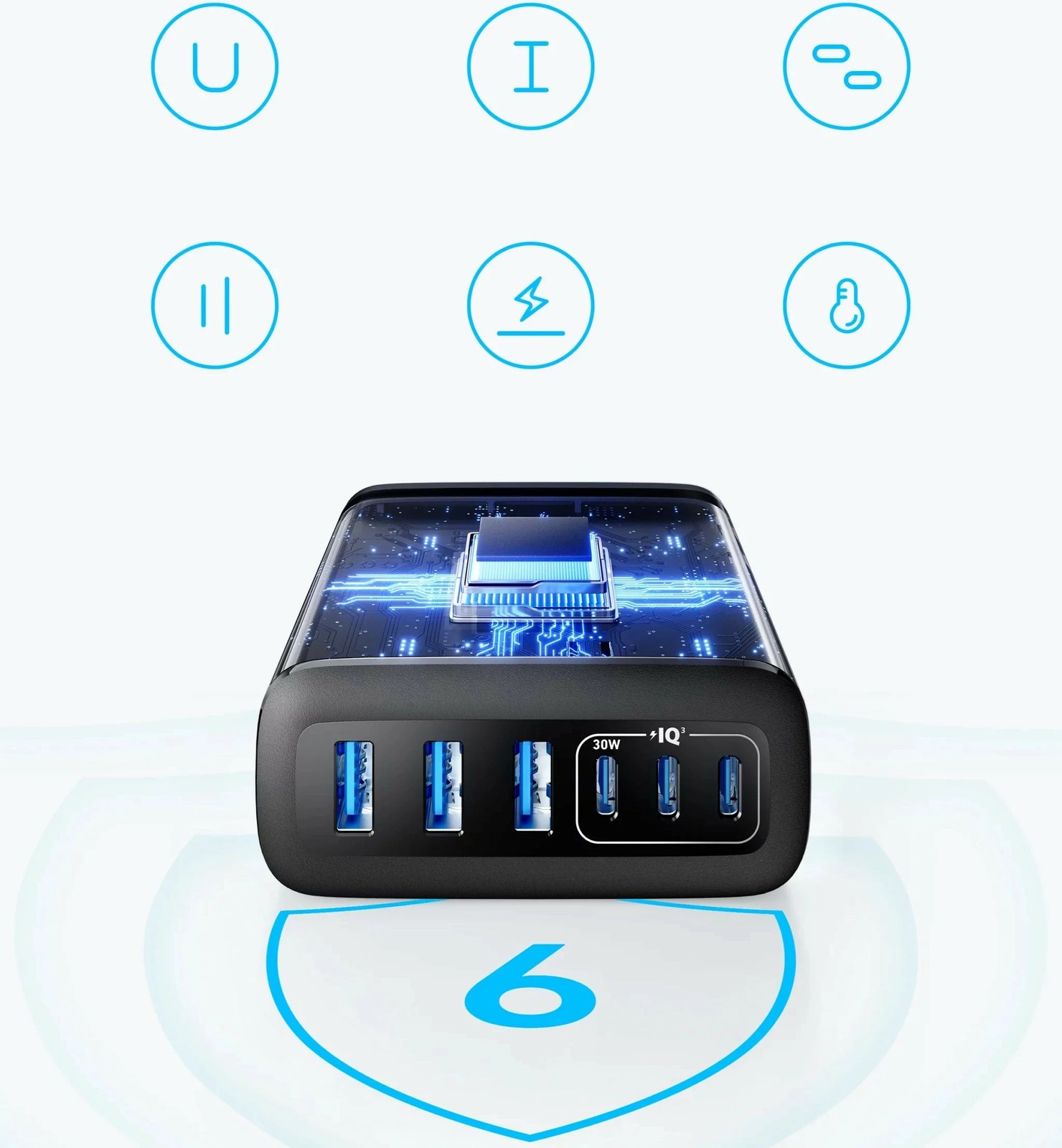 Karikues Anker GaN, 6 porta USB/USB-C, 100-240V, i zi