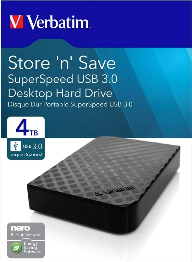 Hard disk i jashtëm Verbatim Store 'n' Save 4TB, USB 3.0, Zi