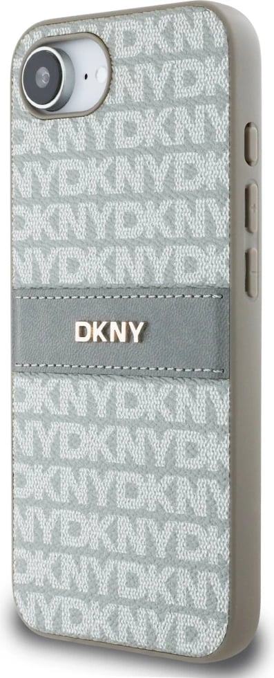 Mbështjellës DKNY Repeat Texture Pattern me shirit dhe logo metalike, për iPhone 16e, Bezhe