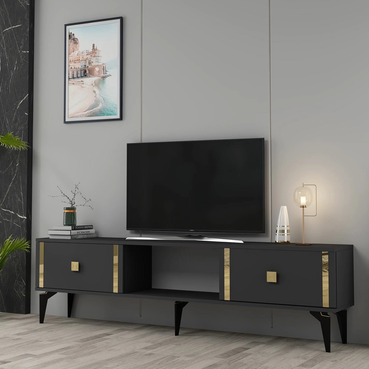 Komodë televizori, ngjyrë antracit dhe ari, Skye Decor, Doruk