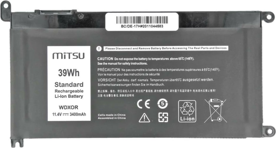 Bateri laptop Mitsu BC/DE-17H për Dell Vostro 14 (5468), Inspiron 15 (5568), 3400mAh, 11.4V