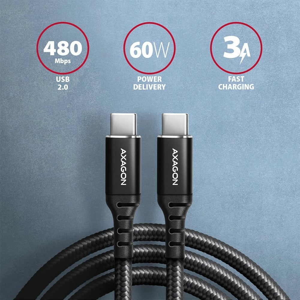 Kabllo USB-C AXAGON BUCM-CM10AB, 1m, 60W, e zezë