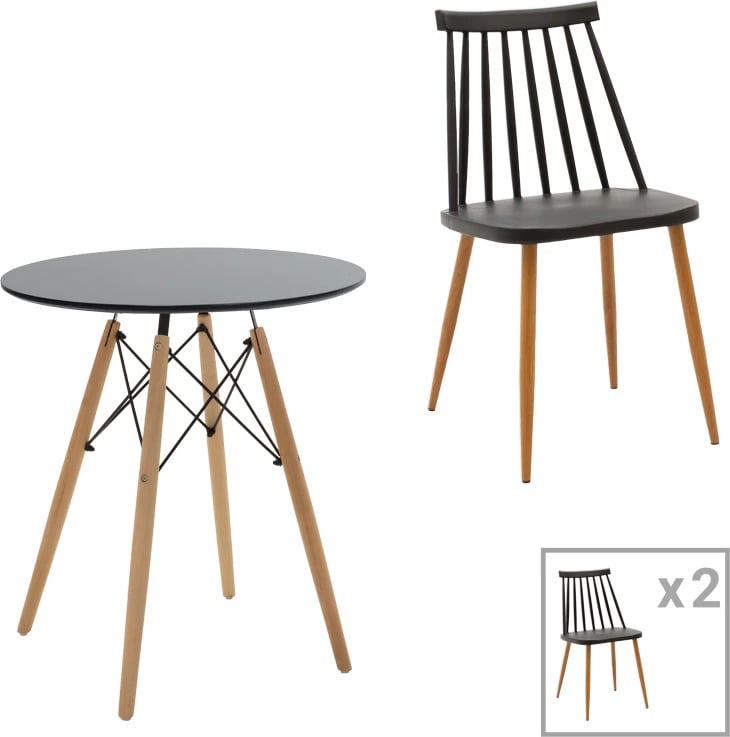Tavolinë me karrige Aurora-Julita, set prej 3 pjesësh, MDF-PP, ngjyrë natyrale-e zezë, D60x73cm
