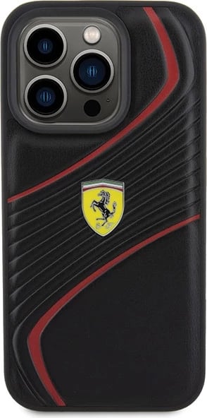Mbështjellës Ferrari Twist Metal Logo për iPhone 15 Pro, i zi