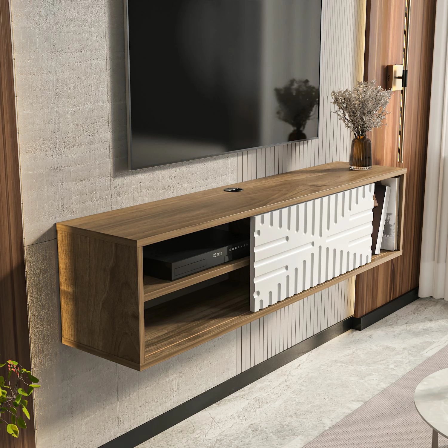Komodë TV e varur Teo, ngjyrë arre dhe e bardhë, Skye Decor