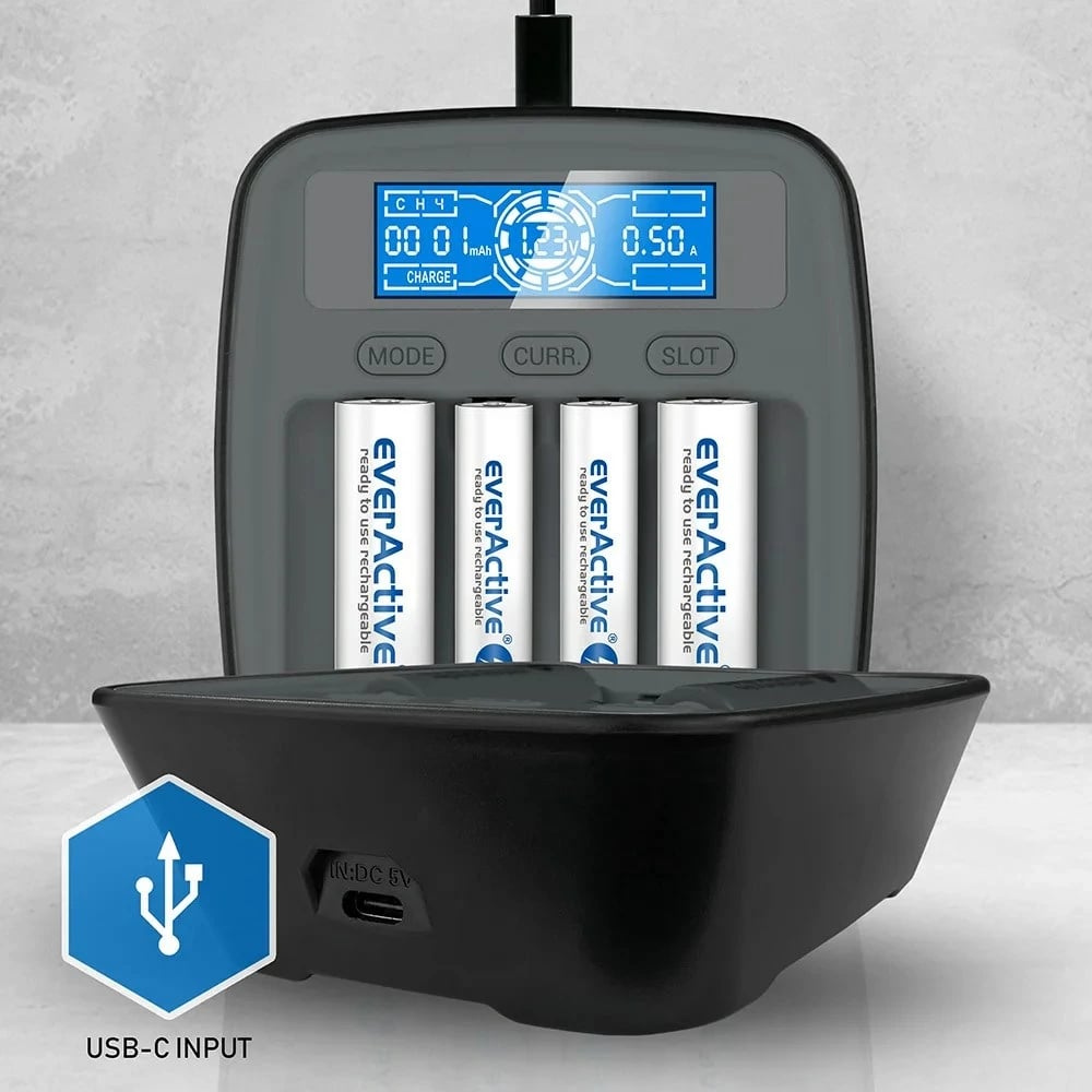 Karikues baterish everActive NC1000MV2, USB-C, për AAA, i zi