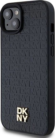 Mbështjellës DKNY Leather Monogram Pattern Metal Logo MagSafe për iPhone 15 Plus / 14 Plus, i zi
