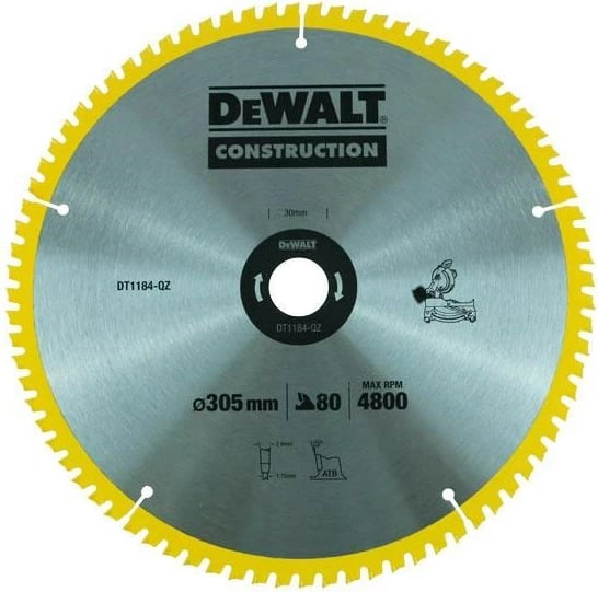 Disk sharrë rrethore DeWALT DT1184-QZ, 305 mm, 80 dhëmbë, e verdhë Disk sharrë rrethore DeWALT DT1184-QZ, 305 mm, 80 dhëmbë, e verdhë