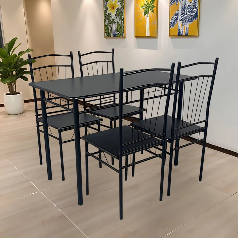 Tavolinë me karrige Roza II, set 5 copë, MDF, këmbë metalike të zeza, 110x60x74cm