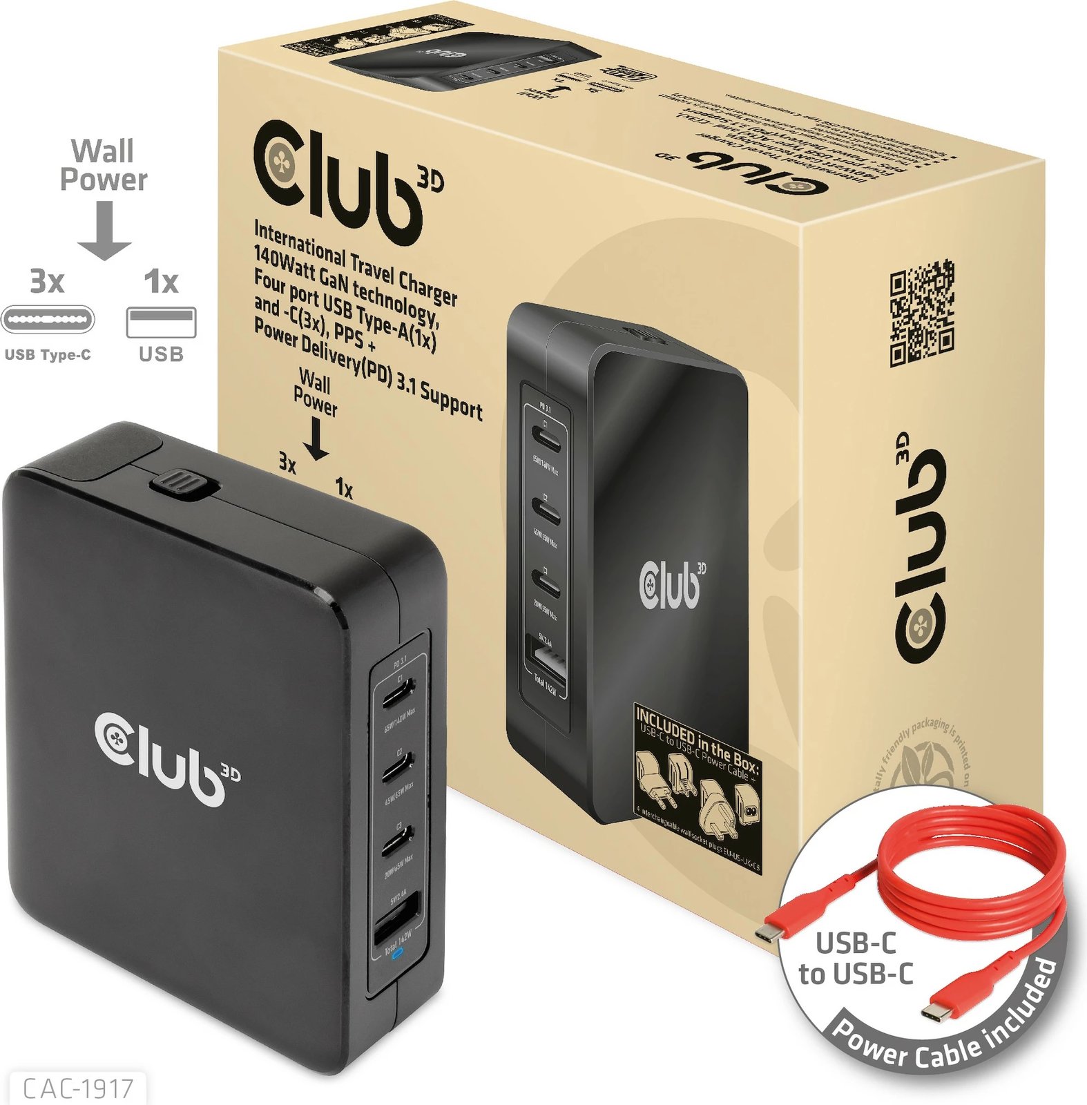 Karikues universal Club3D CAC-1917, 3x USB-C, 1x USB-A, 140W, GaN, i zi