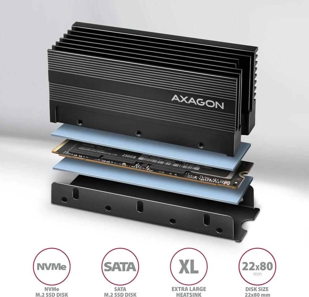 Sistem ftohës për SSD M.2 NVMe AXAGON CLR-M2XL, alumini, i zi