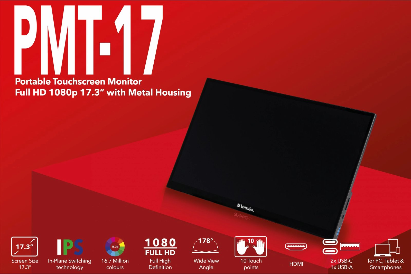 Monitor Verbatim 49593, 17.3", Full HD, Touchscreen, i zi