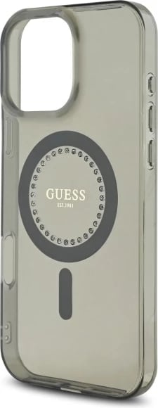 Mbështjellës Guess IML Rhinestones MagSafe për iPhone 16 Pro, Zi