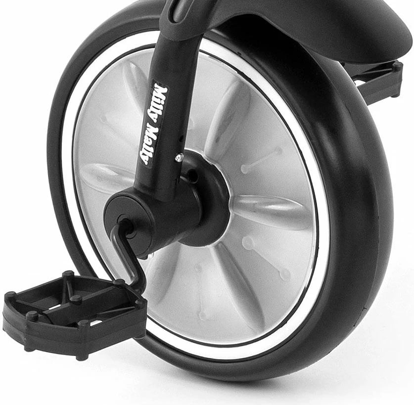 tricikletë fëmijësh, Milly Mally Bobby, kornizë çeliku, rrota EVA, pedale të heqshme, dy shporta, e zezë