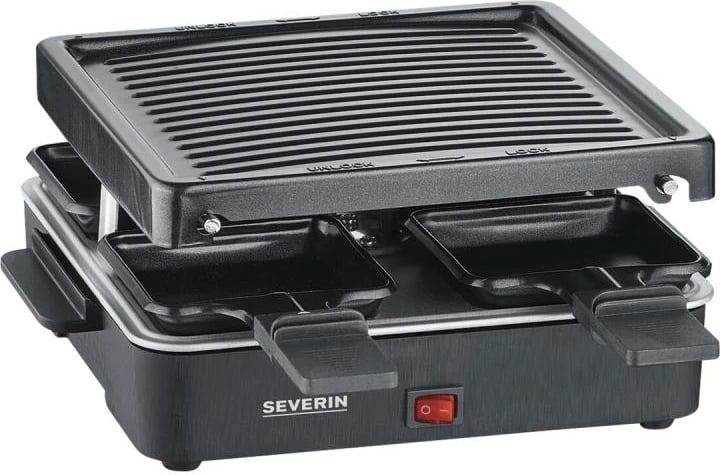 Grill raclette, Severin RG 2370, për 4 persona, pllakë grill jo ngjitëse, e zezë
