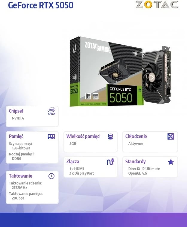 Kartelë grafike, ZOTAC GAMING GeForce RTX 5050 SOLO ZT-B50500G-10L, 8GB GDDR6, 128-bit, PCIe 5.0 x8, 3x DisplayPort + HDMI
