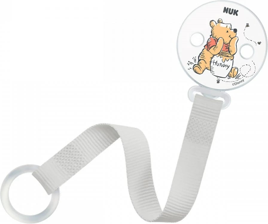 Kapëse/rrip biberoni, NUK Disney Winnie the Pooh, me unazë silikoni elastike dhe klips njëdorësh, e bardhë
