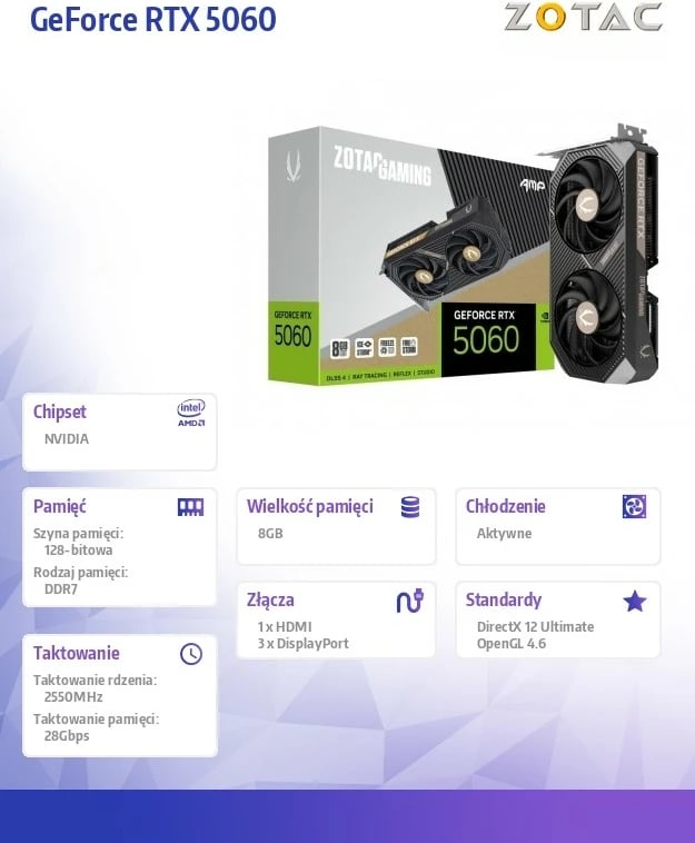 Kartë grafike ZOTAC GeForce RTX 5060 AMP ZT-B50600F-10M 8GB GDDR7 128-bit 3xDisplayPort/HDMI