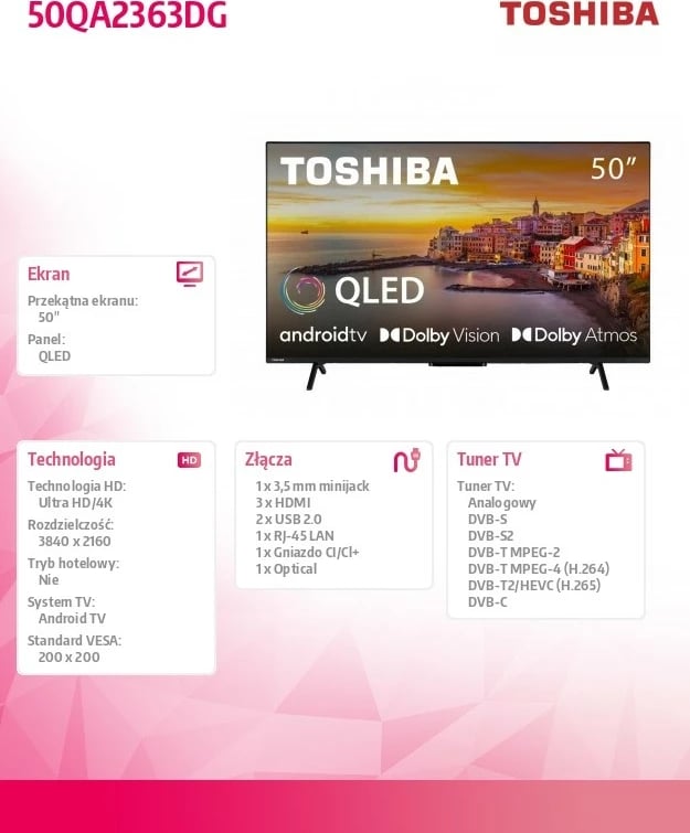 Televizor QLED Toshiba 50QA2363DG, 50 inç, Ultra HD 4K, Android TV, i zi