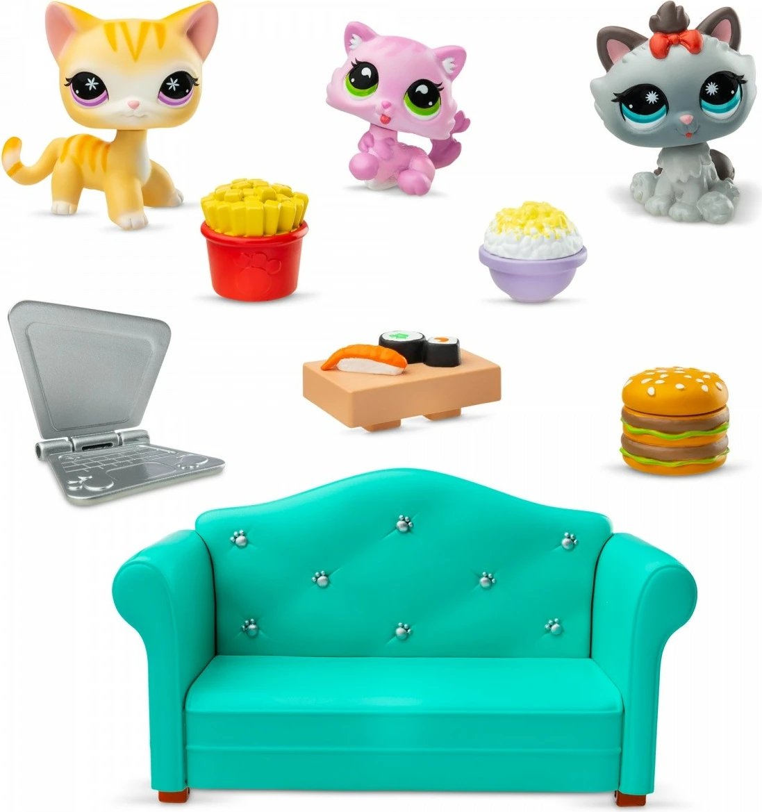 Set figurina, Littlest Pet Shop, LPS00636 Diner Dash Play Pack Snack Time, 3 kafshë + 7 aksesorë, me kod virtual