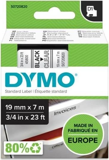 Kasetë etiketuese DYMO D1 Standard, 19mm, E zezë në transparente