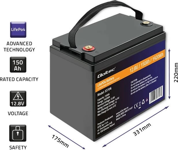 Bateri LiFePO4 Qoltec 53706, 12.8V, 150Ah, 1920Wh, me BMS