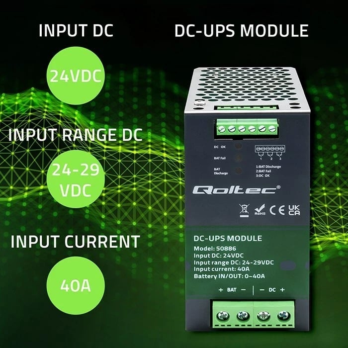 Modul DC-UPS Qoltec 50886, 40A, 24V, Argjendtë